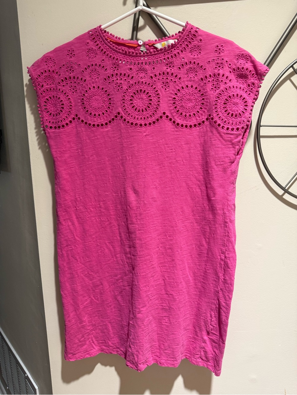 Boden Pink Eyelet Embroidered Tunic Shift Dress Pom Pom Trim Size 8R 100% Cotton